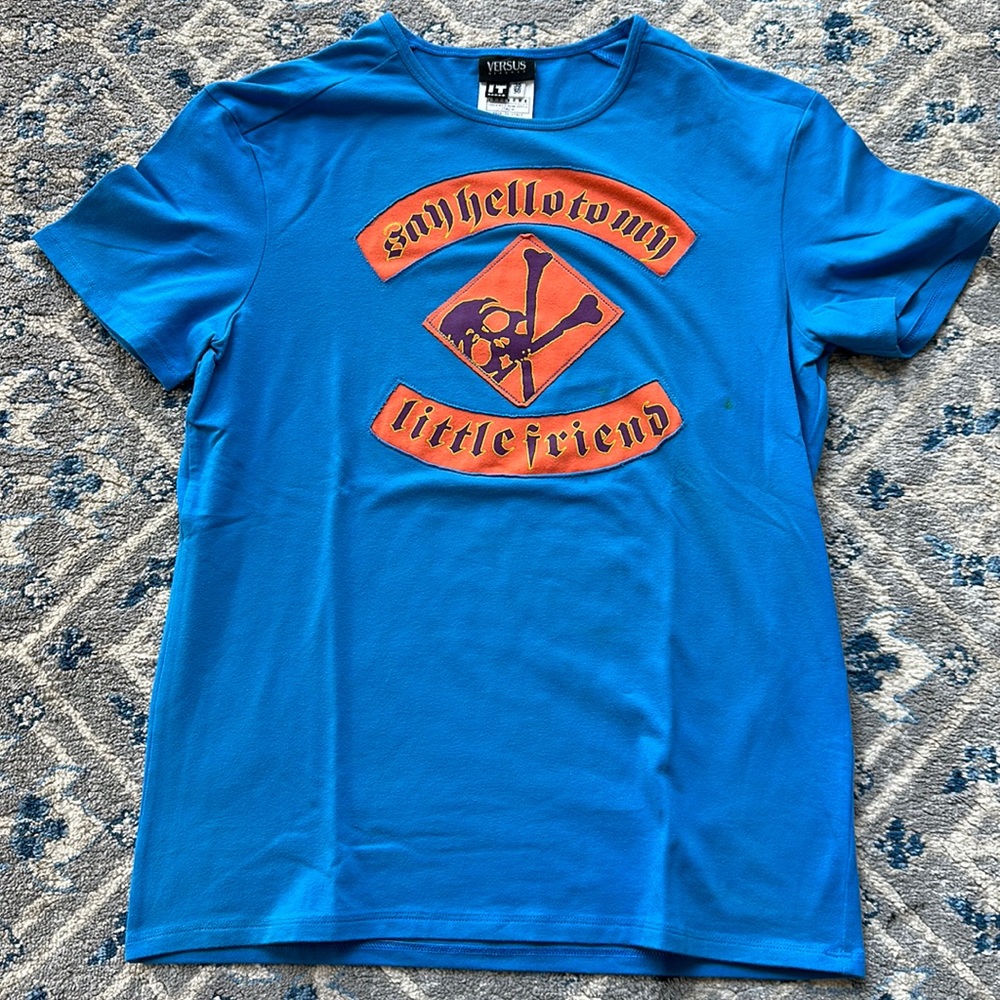 Versus by Versace “Say Hello to my Little Friend” T-Shirt in Blue and Orange